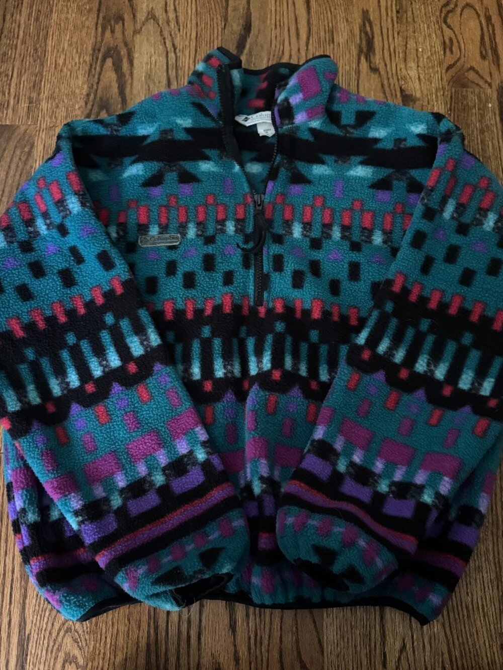 Vintage 90s Columbia Fleece Quarter Zip Pullover Teal Purple Geometric USA Women